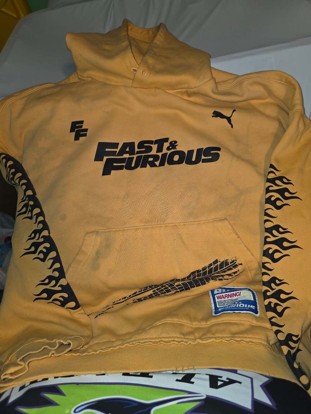 Puma X Fast & Furious Distressed Hoodie Size L Yellow Graphic Pullover